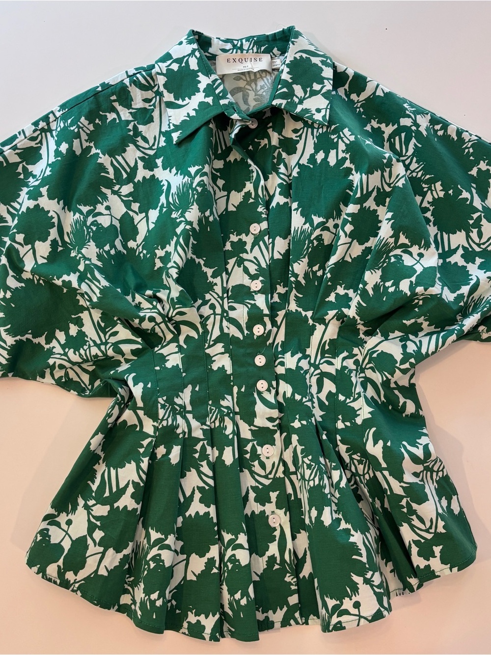 Exquise for Anthropologie Green Floral Tobie Blouse